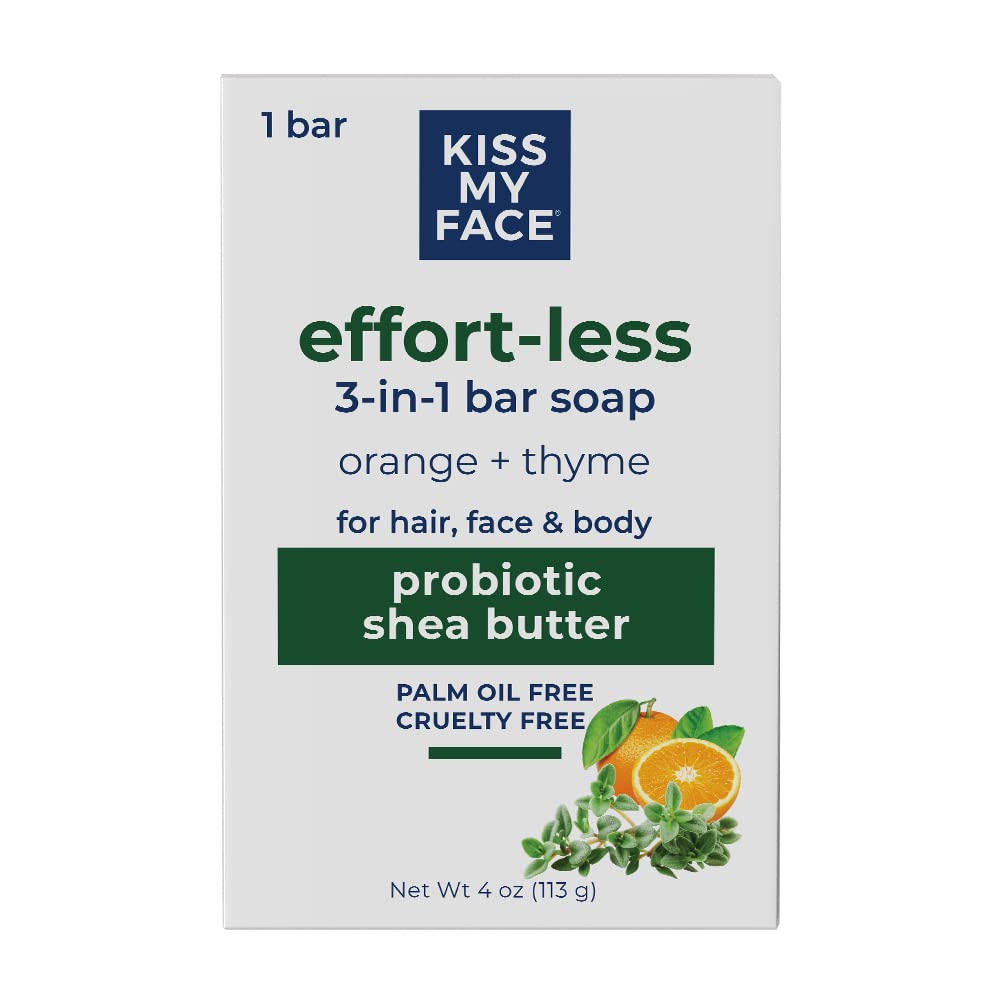 Kiss My Face Effort-Less 3-in-1 Bar Soap - Orange  Thyme - Probiotic Bar Soap for Face, Hair, and Body with Shea Butter - Palm Oil-Free and Cruelty-Free Soap Orange  Thyme, Pack of 1