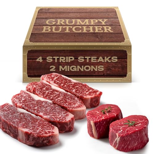 Grumpy Butcher 6 Steaks Sampler Set Gift Box: 2 Large Filet Mignon Steak & 4 New York Strip Steaks - Prime Steakhouse Quality - Gourmet Food Gifts Packages Specials Carne Asada