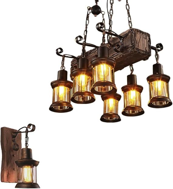 LightInTheBox Retro Rustic Wall Sconces & Chandelier Set Farmhouse Wall Light Fixtures & Chandelier Antique Wooden Lamp