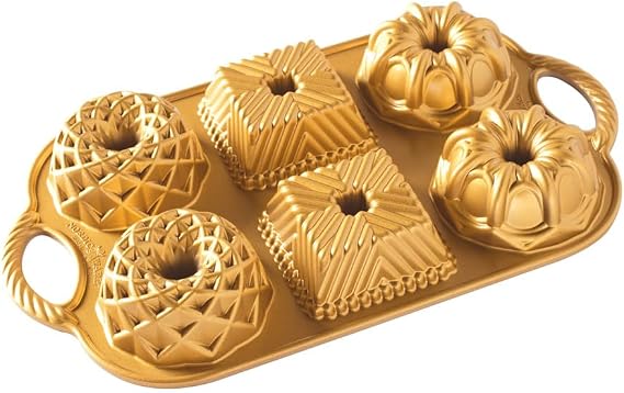 Nordic Ware Geo Bundtlette Pan, Cast Aluminium Mini Bundt Tin, Bundt Cake Tin for 6 Cakes, Cake Mould Colour: Gold 91277