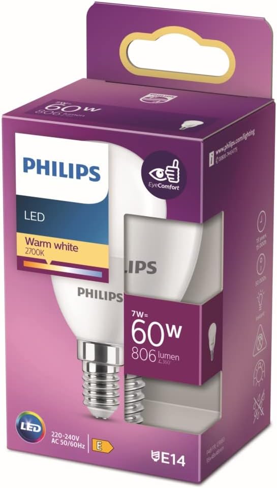 Philips LED 60W P48 E14 Sarı Işık Dim Edilmez Ampul Tekli Paket
