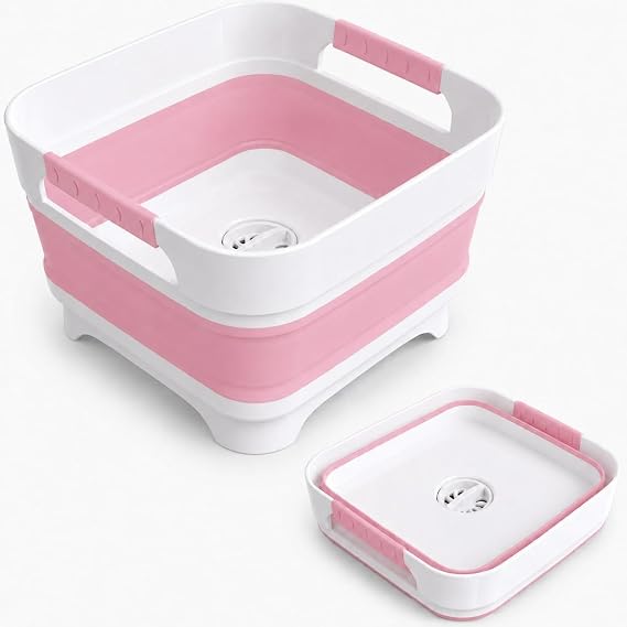 Collapsible Dish Basin with Drain Plug, 2.4 Gal 9L Foldable Wash Basin, Portable Sink Tub for Kitchen, Baby Bottles, Camping, RV, Vegetable Washing and Beverage Tub, Pink