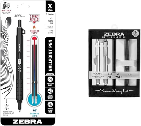 Zebra Pen X-701 Tactical & G-750 Retractable Ballpoint & Gel Pen Gift Set, Premium Metal Barrel, Medium/Fine Point, 3-Pack (10513)