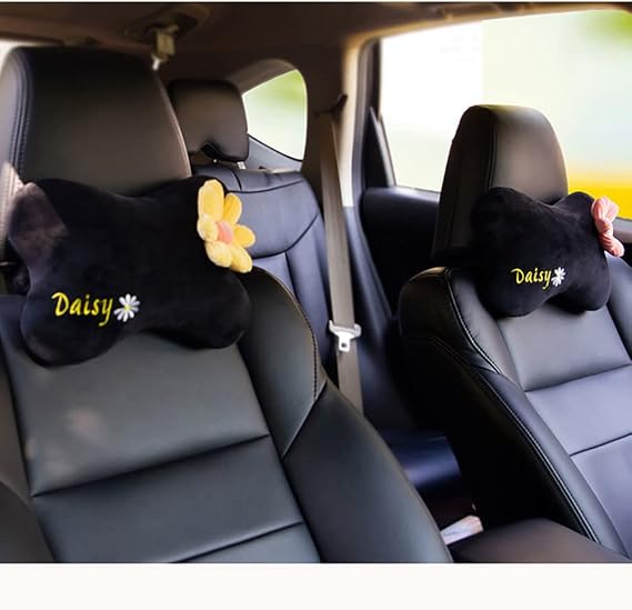 Car Headrest Pillows, Bone Shape with Yellow Daisy Flower,Neck Rest Support Cushion for Car 2 Pack