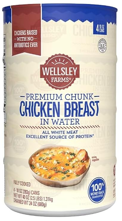 Wellsley Farms Premium Chicken Breast. No Antibiotics Ever. Chunk White Meat. Package of 4. (10oz. Cans) Fully Cooked