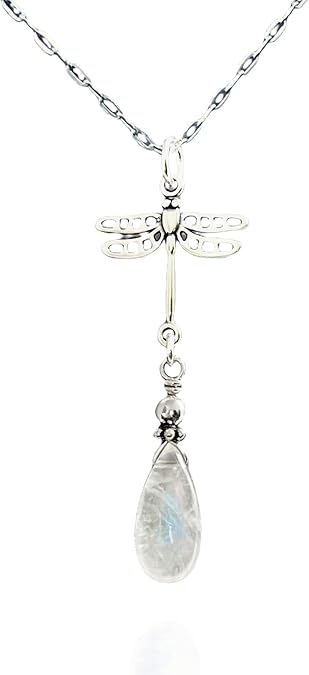 LND Moonstone Necklace, June Birthstone Jewelry, Handmade Genuine Gemstone Small Pendant, 925 Sterling Silver, 18 Inch Chain (White - Dragonfly)