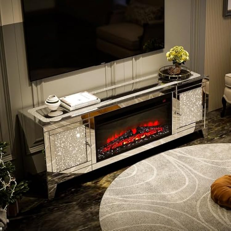 COSVALVE Silver Fireplace TV Stand, Mirrored Tall TV Console - Up to 65 Inches, Entertainment Center with Storage, Perfect for Living Room, Game Room