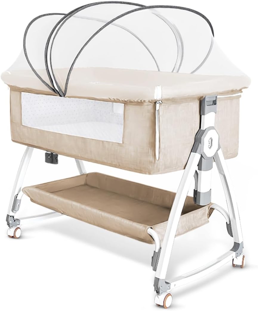 Oqhvup Baby Crib, Sleeping Along, Infant Bed, Newborn Bed, Adjustable Height, Mosquito Net, Breathable, Multi-functional, Easy Assembly, Portable, Washable, Storage Basket, Include Caster, Sweat