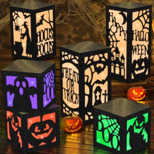 OuMuaMua 6 Pcs Halloween Table Decorations Indoor Halloween Table Centerpieces Boxes, Light up Paper Pumpkin Lanterns with Witch Spider Ghost Patterns for Spooky Party Supplies Home Decor