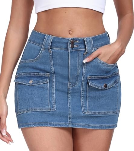 2025 Womens Stretchy Denim Skirt High Waisted Cargo Skirt Y2k Casual Mini Skirt Cute Jean Skirt with Pockets