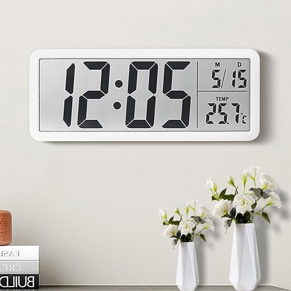 Digital Wall Clock, 8'' LCD Digital Wall Clock with Time, Temperature, Date Display, Battery/USB Operated Wall Clocks for Living Room, Bedroom, Kitchen, Desk (White)