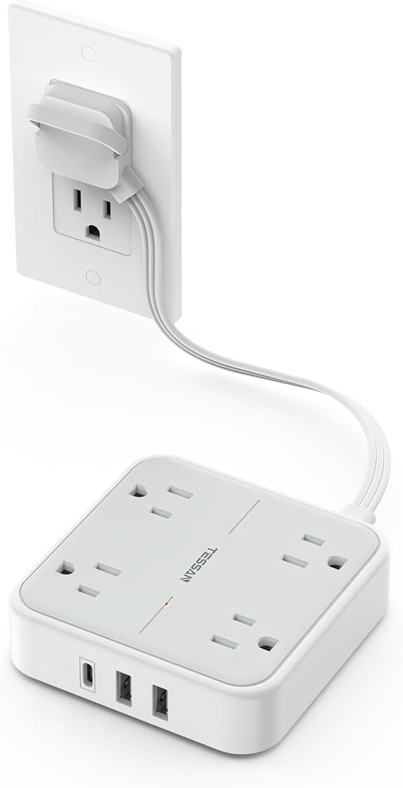 TESSAN Surge Protector Flat Extension Cord 1 Ft, Ring Plug Power Strip