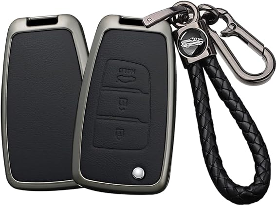 Key Fob Cover Compatible with Hyundai Venue venus Palisade Elantra Solaris 2 Tucson I30 I35 I40 Ix35 Kona Santa Fe Azera Verna Accent Sonata Key Leather & Alloy Key Cover-B Keychain Black