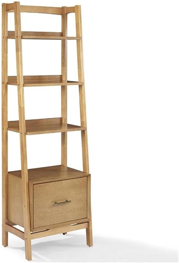 Allora 25" 4 Shelf Ladder Bookcase, Acorn Finish, MDF and Solid Hardwood, 70.13" H x 22.13" W x 15.13" D, Mid-Century Modern Style, Drawer and Fixed Shelves, Home Office or Living Room Storage