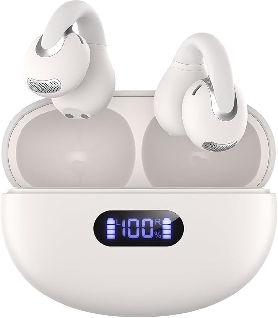 Jzones Open Ear Clip Wireless Earbuds Bluetooth 5.4, Lightweight Comfort Sports Bone Conduction Headphones Built-in Mic for Clear Audio, Stable Fit Earphones 24H Play-Beige