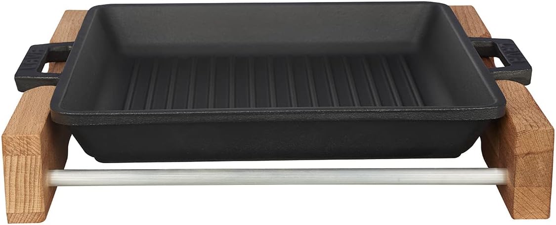 Lava Metal Casting Grid Pan with Metal Handle, Wooden Stand, 26x26 cm