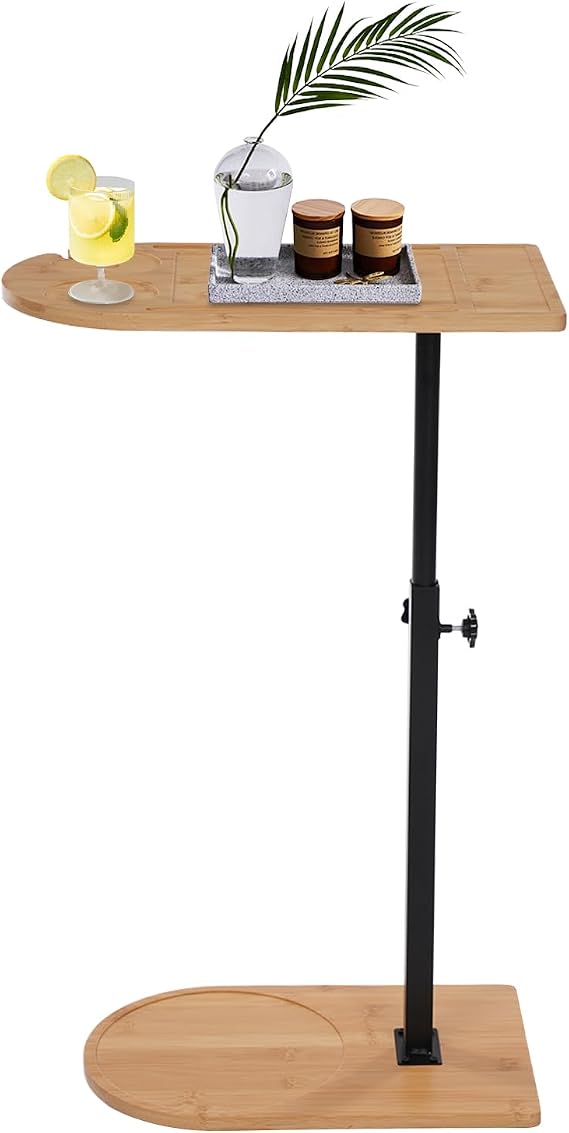 C Shaped Bamboo Side Table, 360° Rotating Under Sofa End Table with Phone & Tablet Slot and cup holder, 16.5-32.3in Height Adjustable, Space-Saving, for Living Room Bedroom Bedside Couch