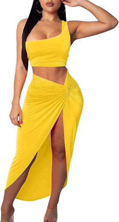BEAGIMEG Women's Sexy One Shoulder Long Bodycon Slit Skirt 2 Pieces Dress