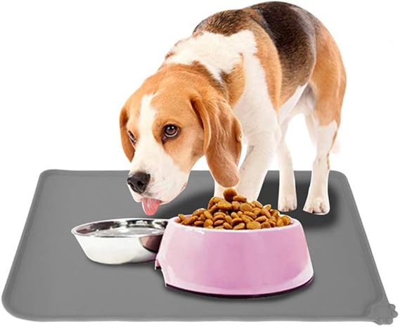 Petlex Silicone Dog Bowl Mat, Waterproof Dog Mat Dog Tray for Food and Water, Non Slip Pet Feeding Placemats 18.5" L x 11.8" W, Grey