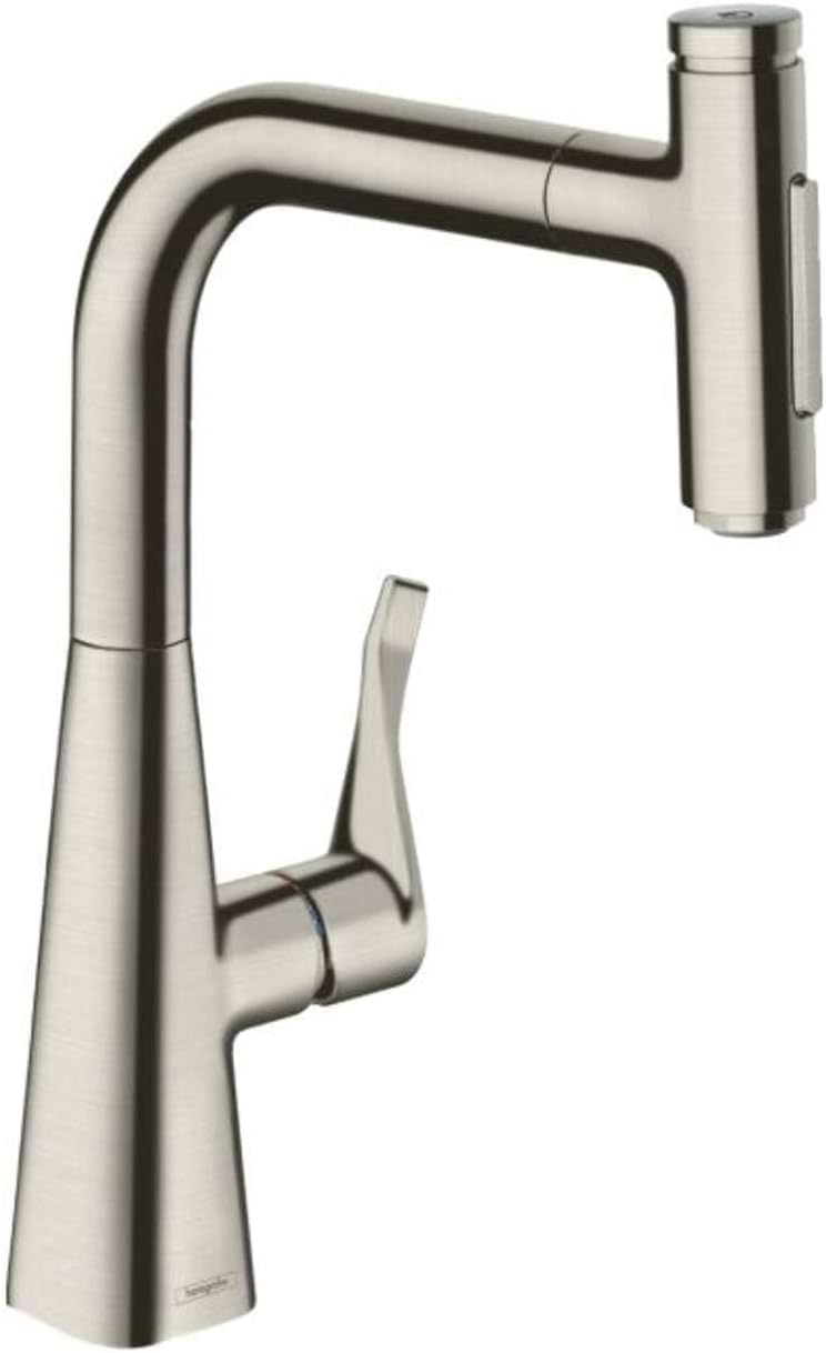 hansgrohe Metris Select M71 water tap kitchen tap with hose box, 150 degrees rotatable, pull-out nozzle with 2 spray types, outlet height 238 mm, standard connections stainless steel