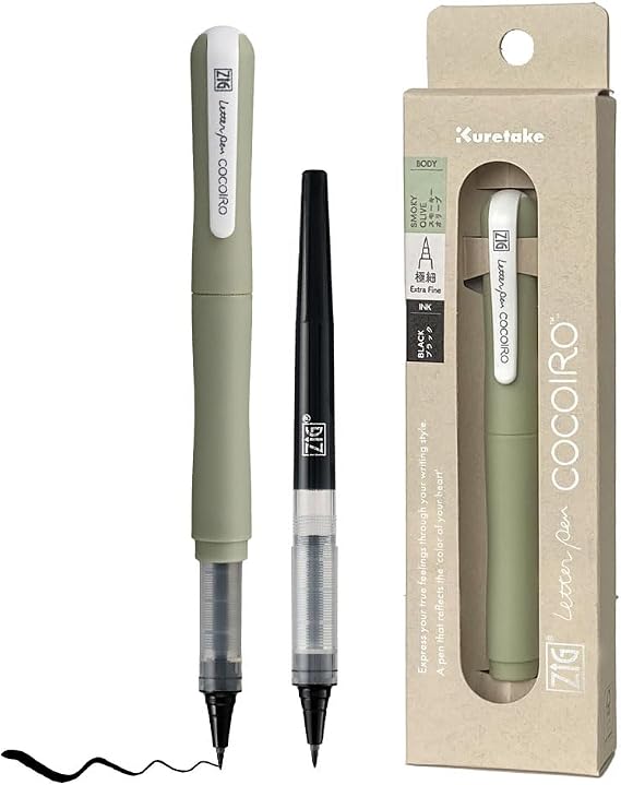 Kuretake ZIG Letter Pen COCOIRO, Body with Black Ink Refill Set, Flexible Extra Fine Brush Tip, Refillable marking Pen for Calligraphy, Hand Lettering, Made in Japan (SMOKY OLIVE, Black)
