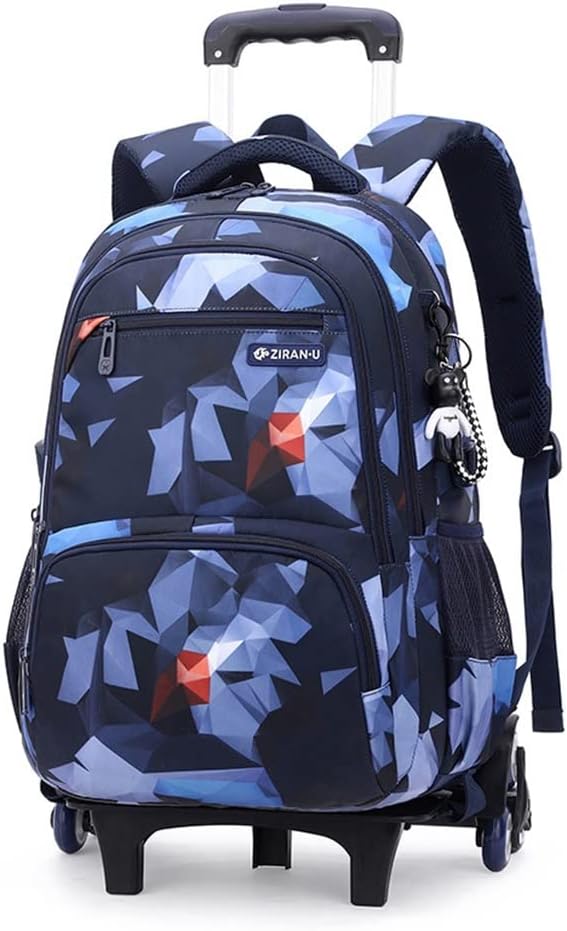 Laptop Backpack with Wheels, Waterproof Backpack Rolling Rucksack Trolley School Bag for Boys Grils, Wheeled Travel Bag Schoolbag Backpacks for School/Outdoor/Travel (Blue Geometric)