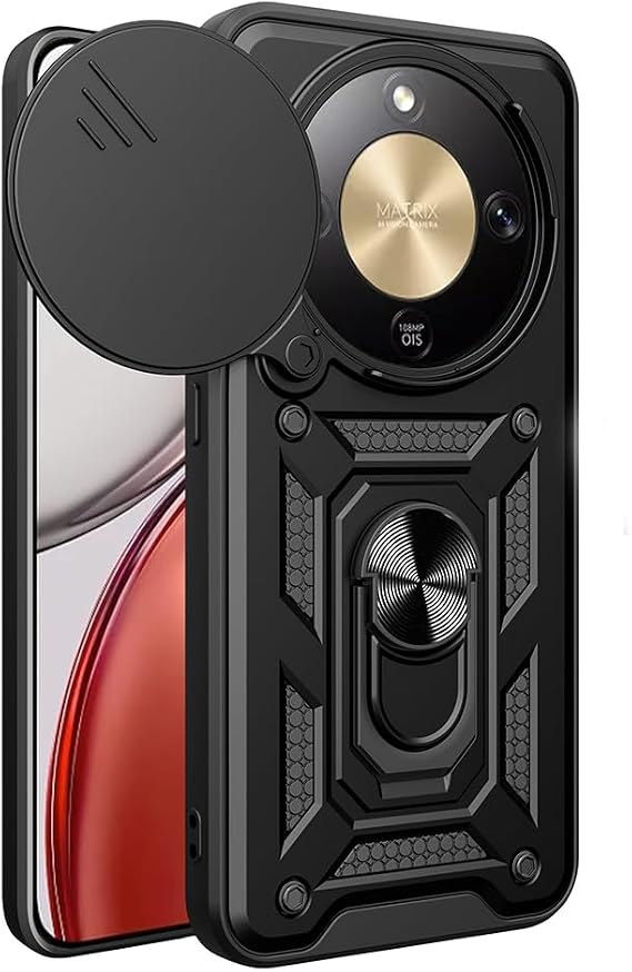 Spia Honor Magic 8 Lite 5G ile Uyumlu Kılıf Sürgülü Siyah Panther Yüzüklü Silikon Orijinal (Honor Magic 8 Lite 5G ile Uyumlu, Sürgülü Siyah)