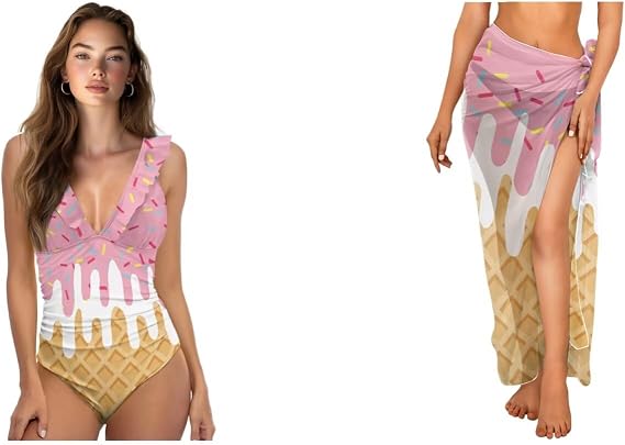Womens One Piece Bathing Suits with Sarong Coverups Sheer Bikini Cover up Lace Up Swimsuits High Waist Swimwear