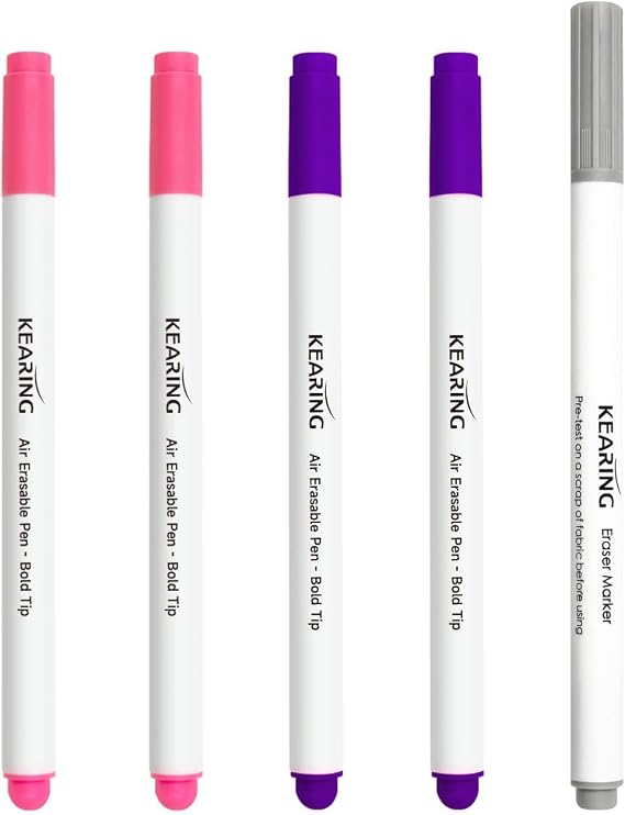 KEARING 5PCS Air Erasable Fabric Marker Set with Instant Eraser Pen