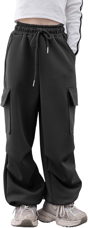Rolanko Girls Cargo Pants Quick Dry Baggy Hiking Pants Wide Leg Cargo Jogger Trousers for Kids Outdoor Sport Daily 4-14 Years