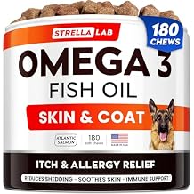 StrellaLab Omega 3 for Dogs - (180Ct) Fish Oil Treats - Allergy & Itch Relief Skin&Coat Supplement - Dry Itchy Skin, Shedding, Hot Spots Treatment, Anti Itch - Pet Salmon Oil Chews - Atlantic Salmon