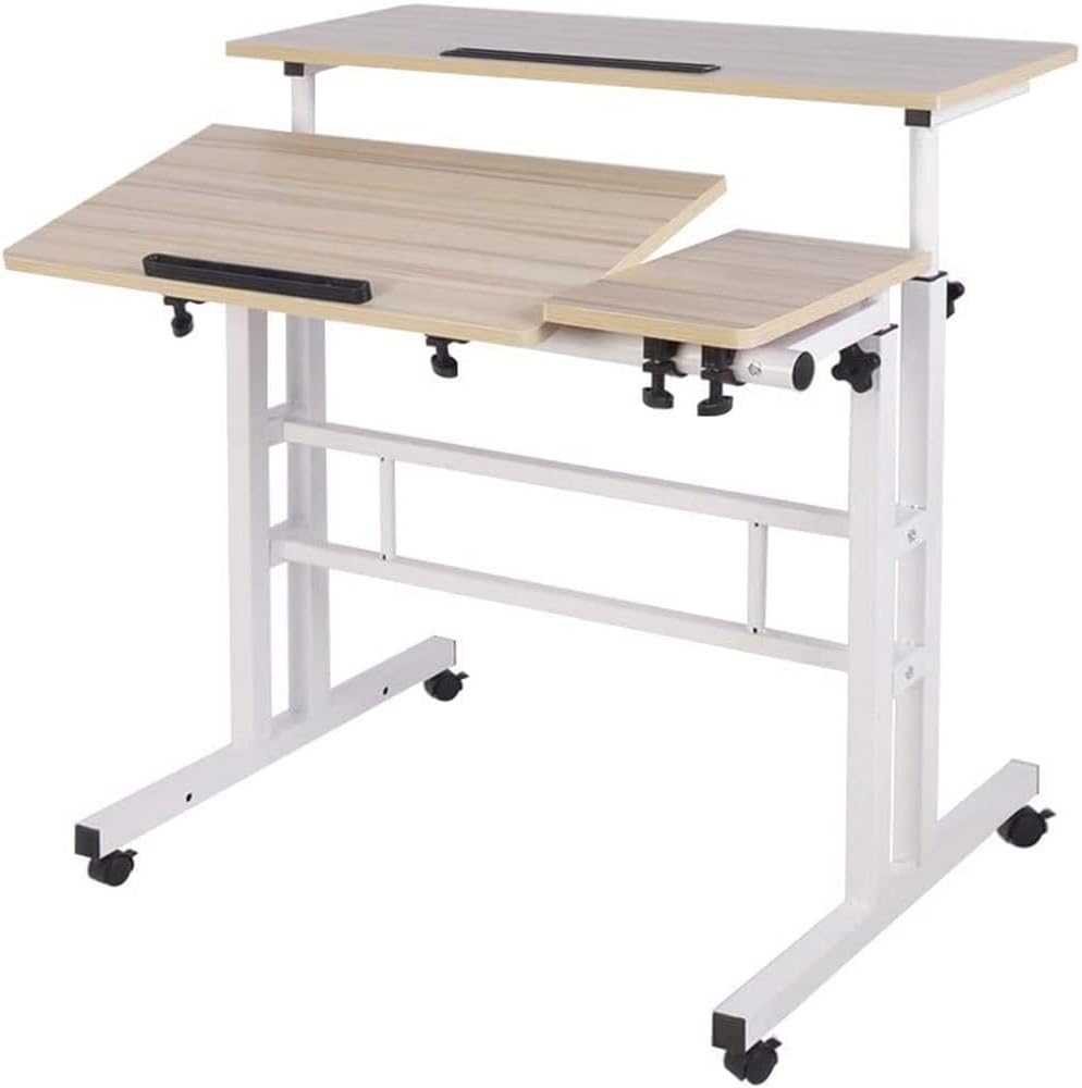 Mobile Standing Desk Adjustable Computer Rolling Laptop Sit- stand Cart Height- adjustable Sit To Stand Office Riser Table Workstation (White)