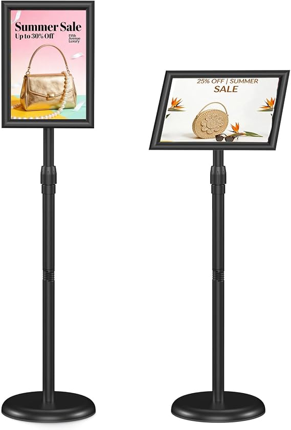 QISHENG - 2 Pack Sign Holder Stand, 8.5x11" Adjustable Floor-Standing Poster Sign Stand, 360Rotation Aluminum Snap-Open Frame Display for Commercial Malls / Schools / Restaurants Advertising, Outdoor&Indoor