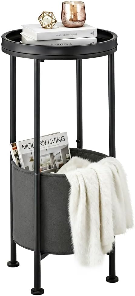 Small Round Side Table with Storage Basket, Black