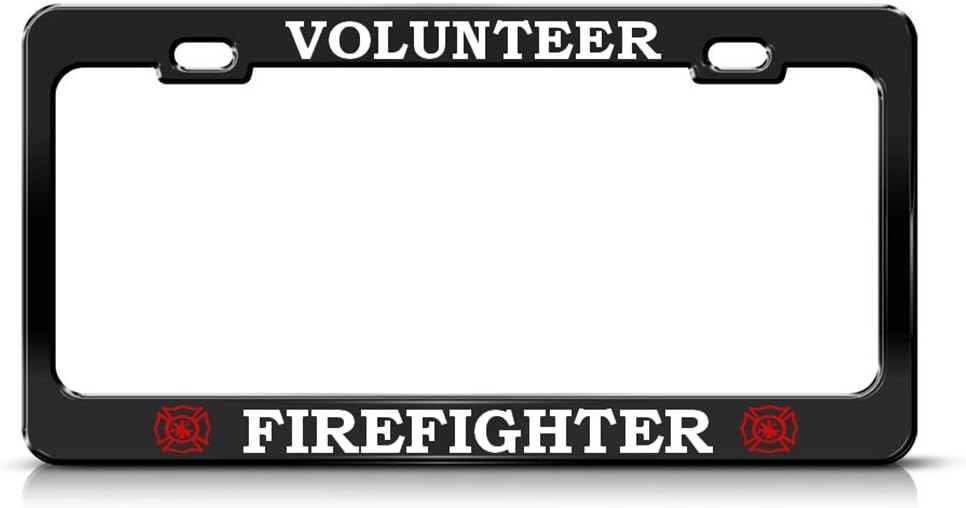 Volunteer Firefighter Steel Heavy Duty Black License Plate Frame Tag Border White