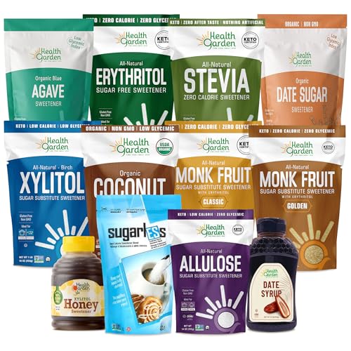 Health Garden Sweetener Variety Pack, 12 Keto Sugar Substitutes, 12 Natural Sweeteners Including Allulose, Erythritol, Stevia, Monk Fruit, Coconut Sugar, Date Syrup, Xylitol Honey & More, Non-GMO