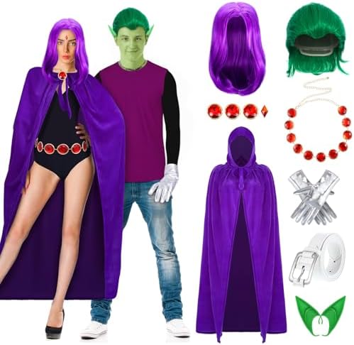 7 Pcs Halloween Couple Costume Set Include Wig, Purple Hooded Cloak, Waist Belt, Stone Chain, Green Elf Ears, Gloves for Adult Halloween Anime Role Cosplay Outfit Party