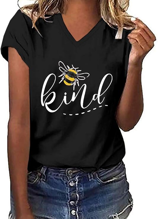 MaQiYa Womens Be Kind Graphic Tees V Neck Cute Printed Summer Tshirts Tops