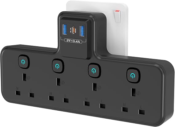 PASSUS Multi Plug Extension Socket 4 Way Plug Adapter with PD20W USB C Slot