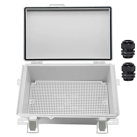 Zulkit Junction Box,IP67 Waterproof Electrical Box Hinged Cover Stainless Steel Buckle Plastic Enclosure for Project w Mounting Plate Wall Bracket and 2 Cable Gland Grey 10.2 x 6.3 x 3.9 Inch