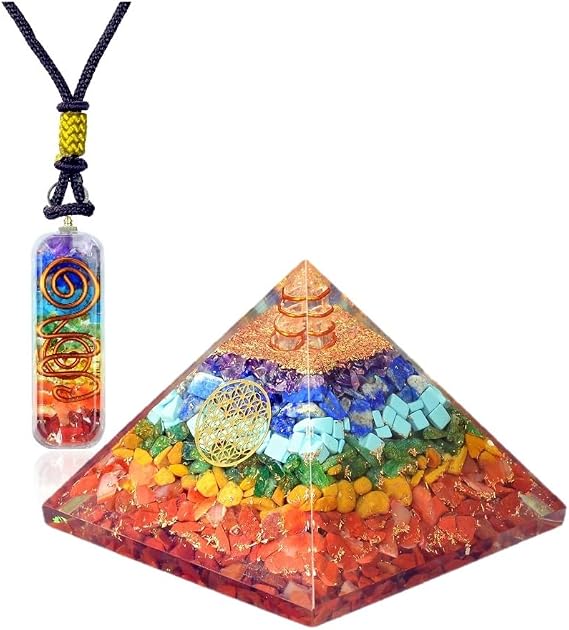 Orgonite Crystal Seven chakra FOL pyramid & Pendant Set, Orgonite Pyramid for Energy Healing - Orgonite Kit - Protection With Seven Chakra Orgonite Necklace