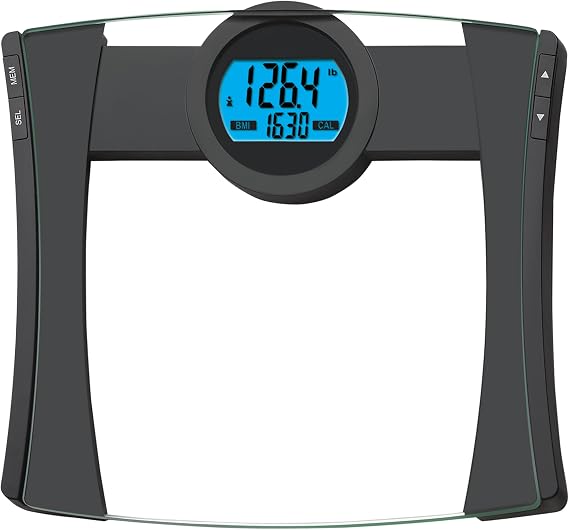 EatSmart Precision CalMax Digital Bathroom Scale - 440 lb Capacity, 0.1 lb Increments, BMI Tracking, 4-User Memory, Large Tempered Glass Platform, Blue Backlight Display