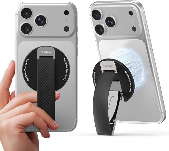 2026 Klearlook for MagSafe Phone Grip with Silicone Finger Strap, Removable Magnetic Phone Ring Holder with Adjustable Kickstand, Finger Phone Ring Grip for iPhone 17/16/15/14/13/12 Series, Black