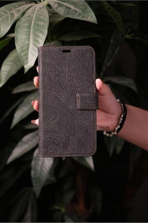 Siyah Tecno Camon 40 İle Uyumlu Desenli Hakiki Deri Cüzdan Kılıf Kapaklı, Mıknatıslı, Kartlık Bölmeli, Manyetik Kapama, Stand Özellikli, Şık ve Koruyucu