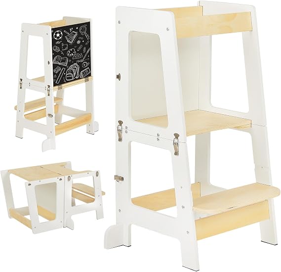 Youyijia 3-in-1 Toddler Learning Tower Kids Step Stool & Mini Desk with Safety Rail, Toddler Steps Stool with Black & Whiteboard for Kitchen Counter, Mothers' Helper (White)