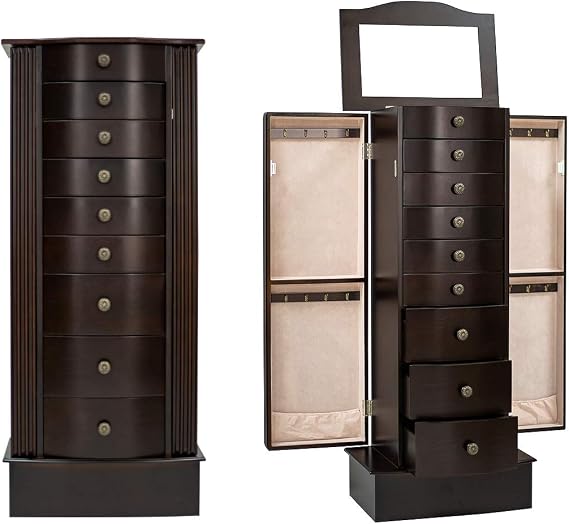 Large Jewelry Armoire Standing Jewelry Cabinet Wooden Jewelry Box Ring Necklace Dark Brown Storage Organizer with Top Flip Makeup Mirror Retro Jewelry Chest for Women (Floor Style)