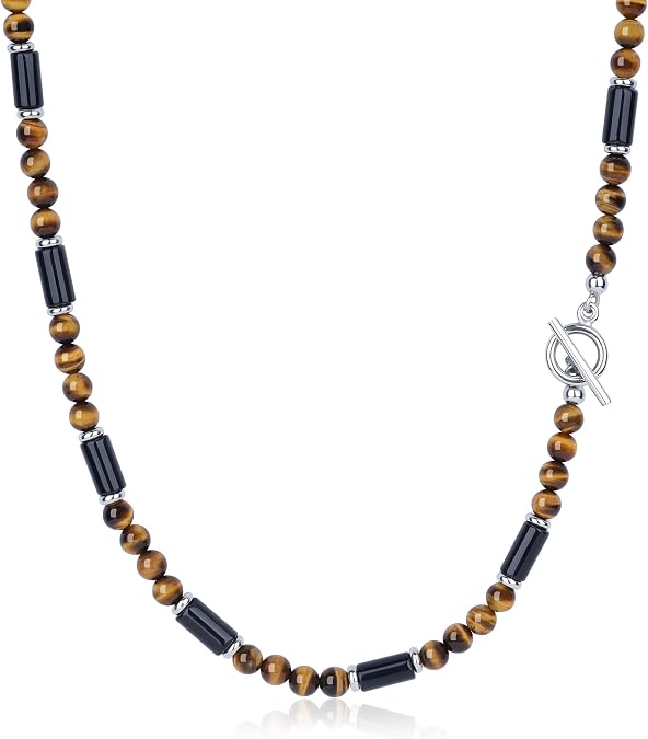 GAVU Men's Onyx & Tiger Eye Stone Beaded Necklace, 20"/22"/24" Stainless Steel OT Clasp