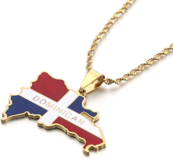 Stainless Steel Heart The Dominican Republic Map Pendant Necklace Jewelry Map of Dominican (Gold 1)