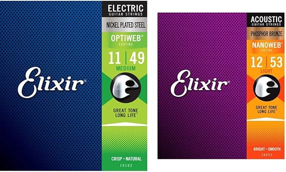 Elixir Strings Coated Electric Guitar Strings Bundle with Acoustic Phosphor Bronze Strings
