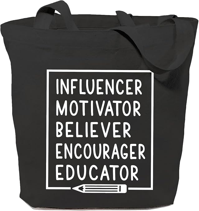 SAUIVD Influencers Motivator Encourager Educator Canvas Tote Bags for Women Funny Teacher Gift Reusable Shopping Bags